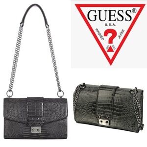 GUESS CLEO CHARCOAL CROCODILE EMBOSSED FAUX LEATHER CHAIN STRAP SHOULDER BAG